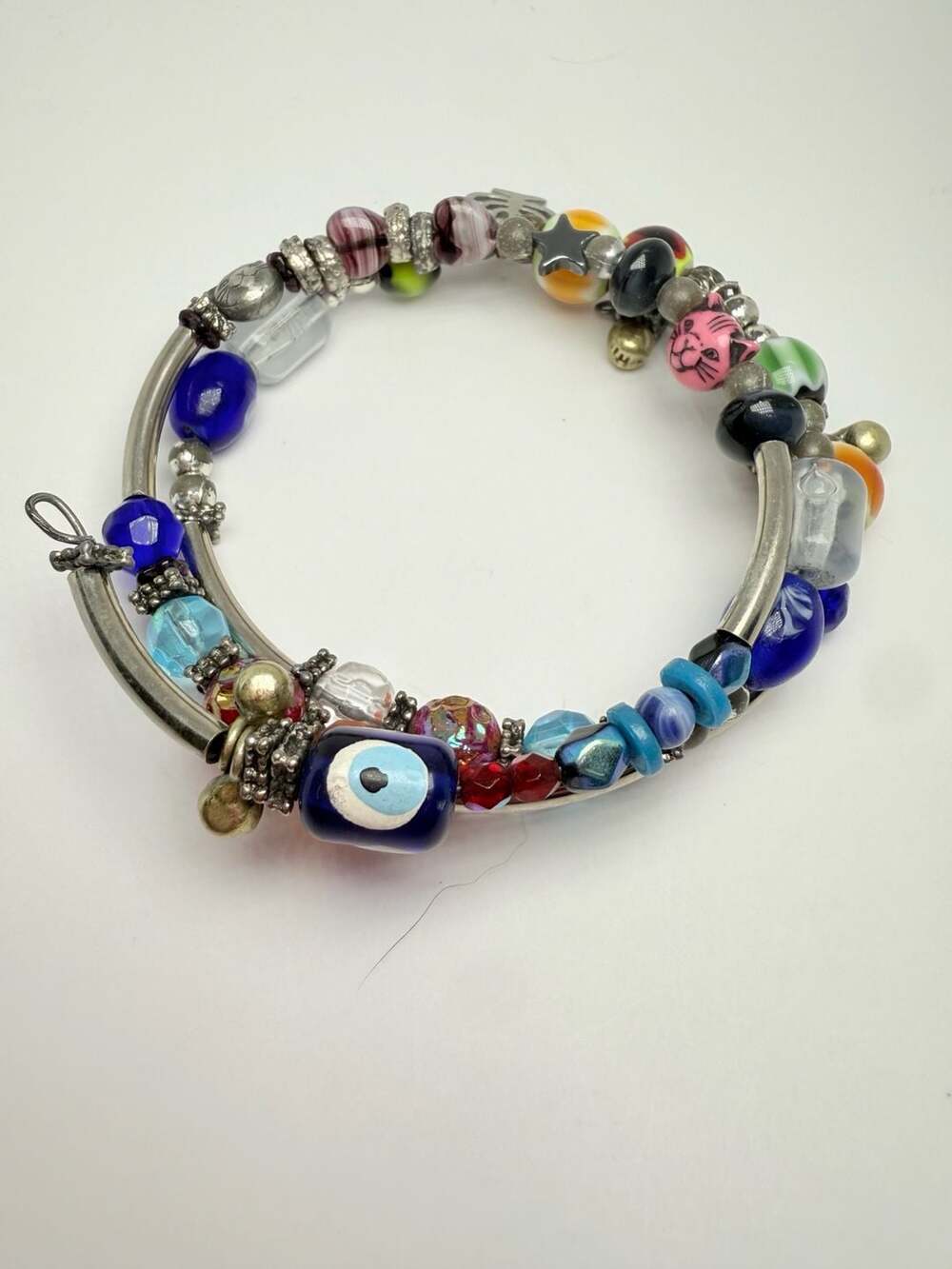Vintage Multi-Color Lampwork Glass Bead Memory Wire Wrap Bracelet Charms